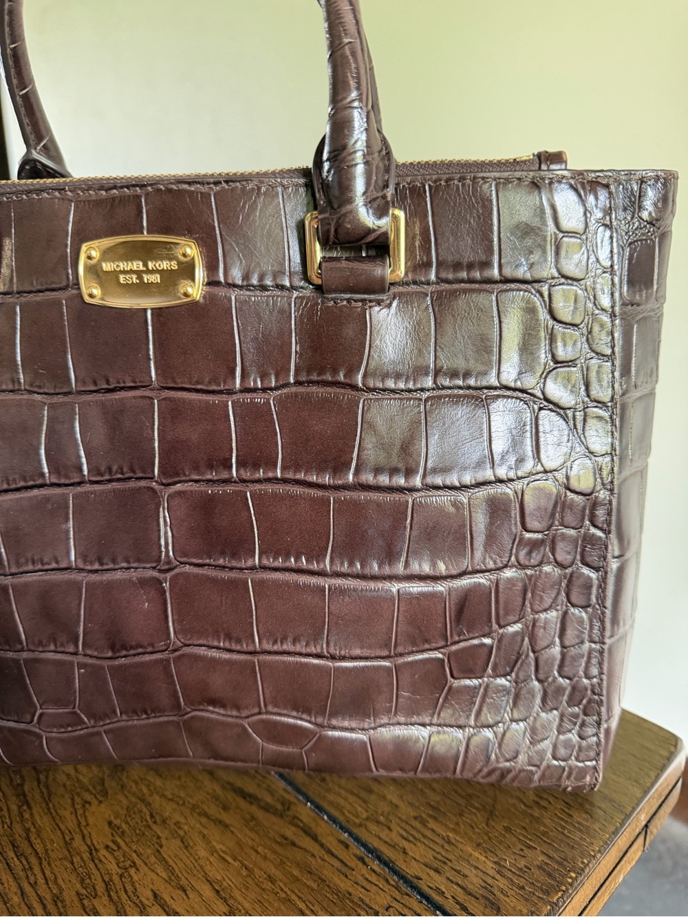 Michael Kors Kellen Crocodile Embossed Leather Satchel Crossbody Brown - Picture 4 of 14